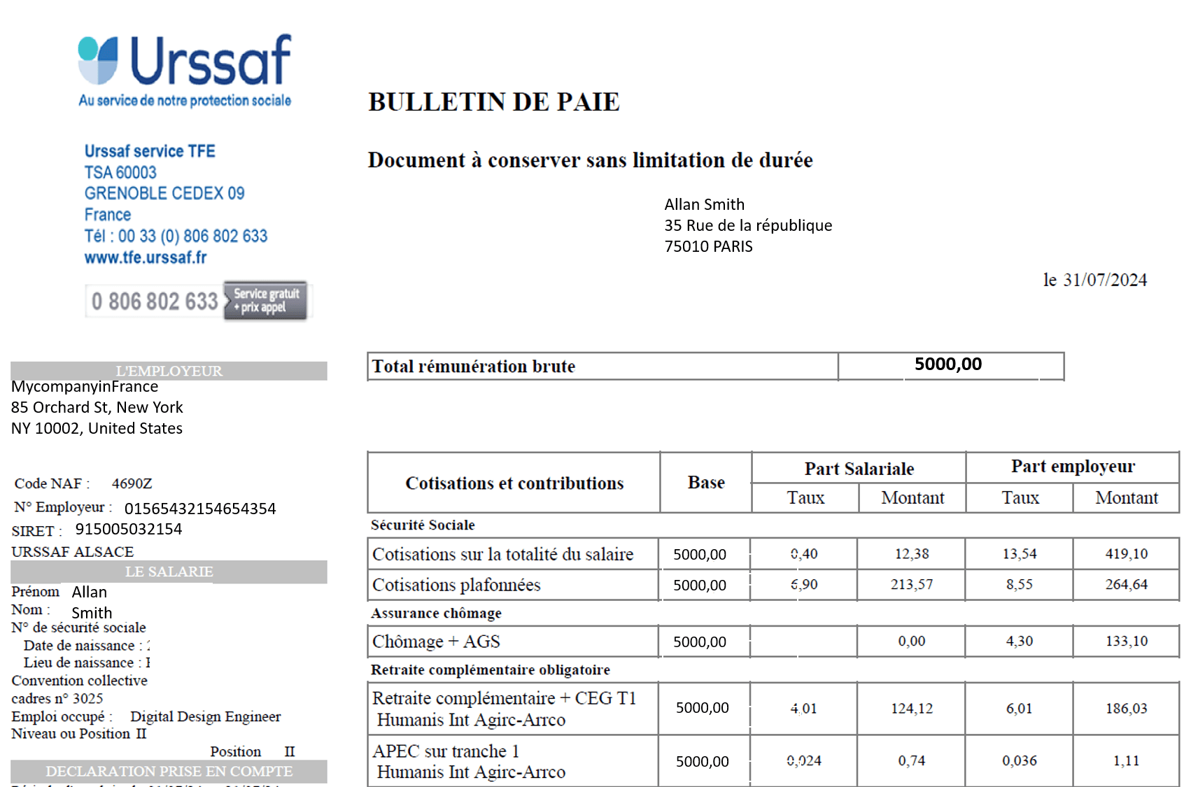 Payroll (payslip/pay check/pay slug) in France using Urssaf for foreign companies